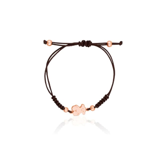 Tous Rose Silver Vermeil Sweet Dolls bear Bracelet brown cord - Picture 2 of 3